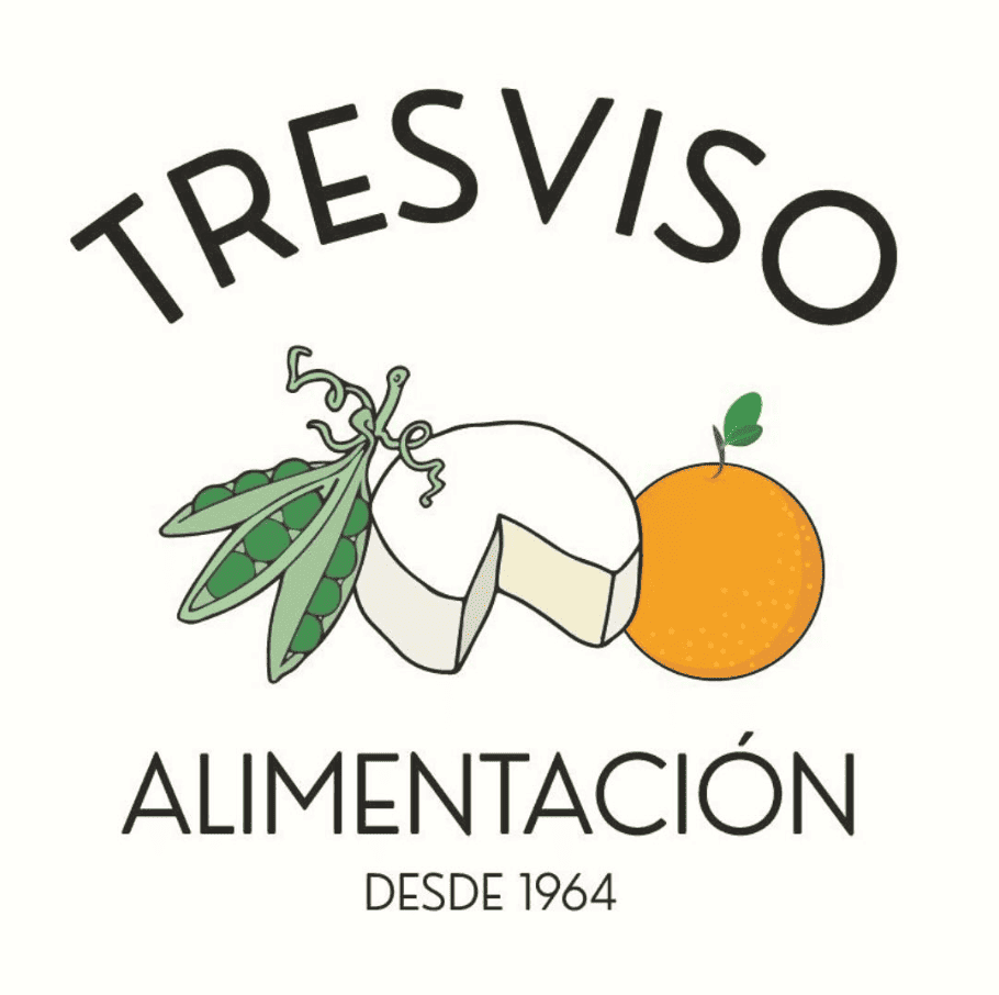 Tresviso Alimentación desde 1964. Logo de la tienda donde se pueden ver una naranja, un queso y unas alubias represenatando productos locales.